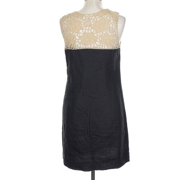 Loft Petite Linen Shift Dress Black Cream Lace Yoke Embroidered Cocktail sz 10 - Picture 3 of 6